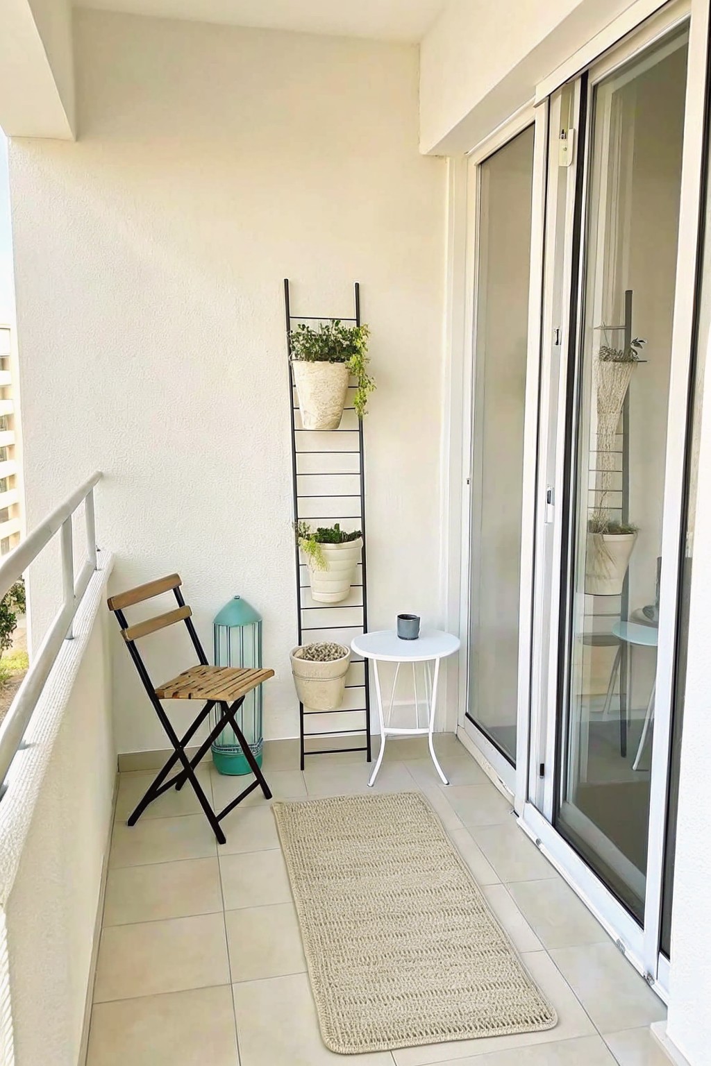 A small balcony with a black metal ladder holding three potted plants, a folding wooden chair, a white side table, and a woven rug on tiled flooring.
