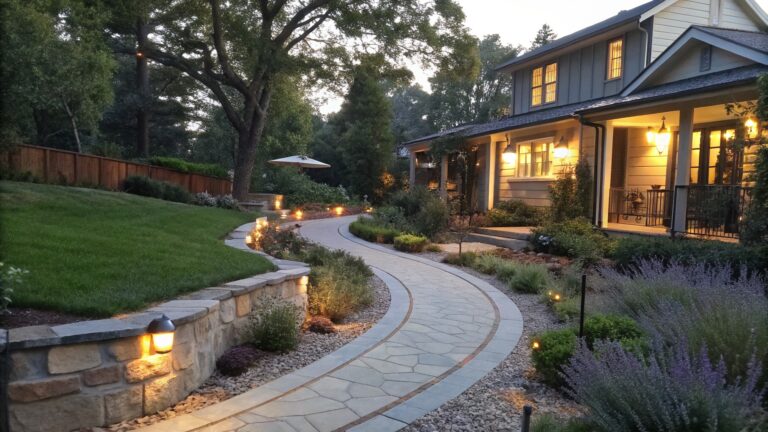 21 Elegant Garden Path Lighting Designed for Low Glare and Safer Walkways Stone path curves past wooden bench by brick house with glowing lanterns