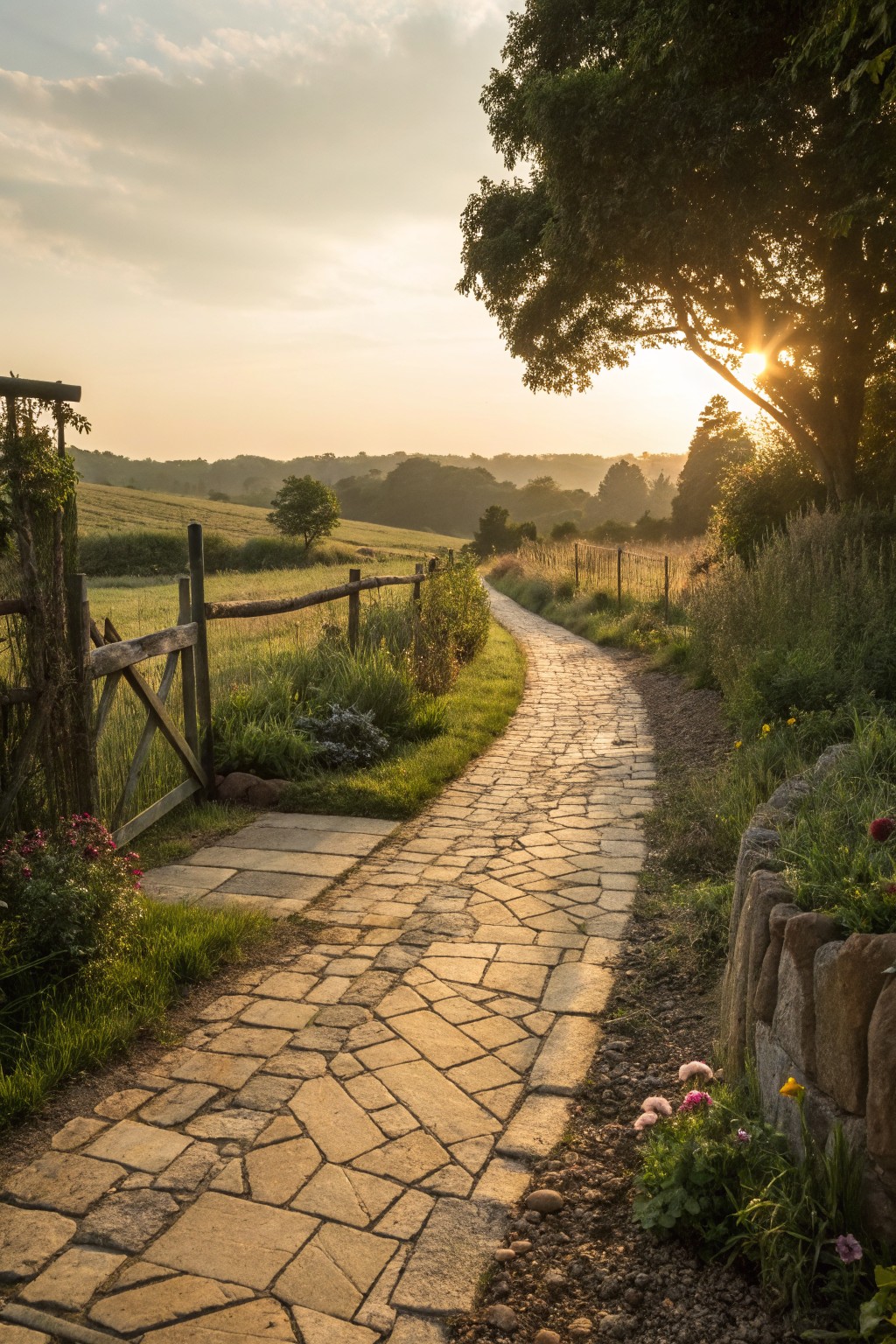 Stone path winding through countryside at sunset with wooden fence and flowers