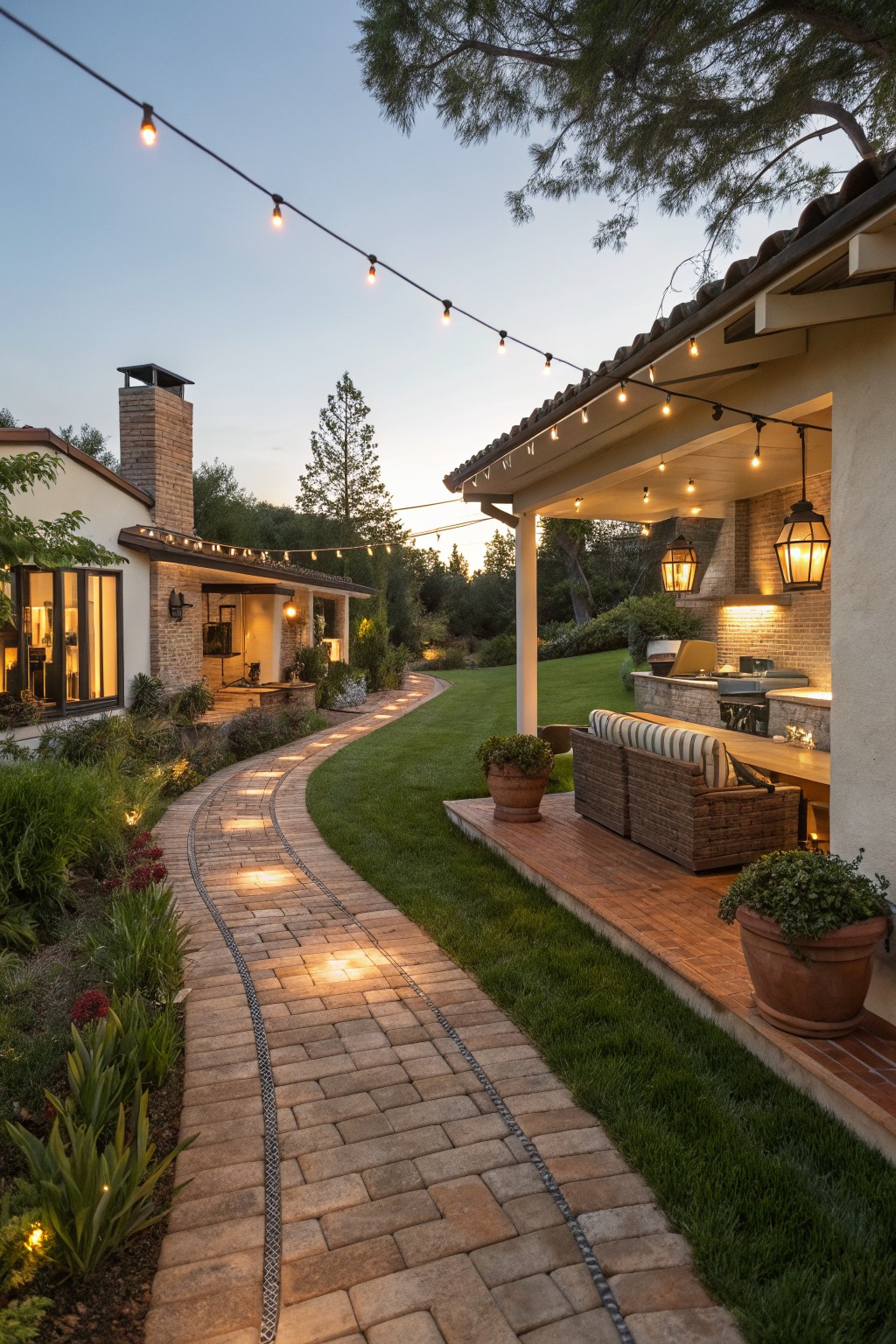 A winding brick path with low ground lights curves past garden beds toward a house with a covered patio and outdoor kitchen at dusk.