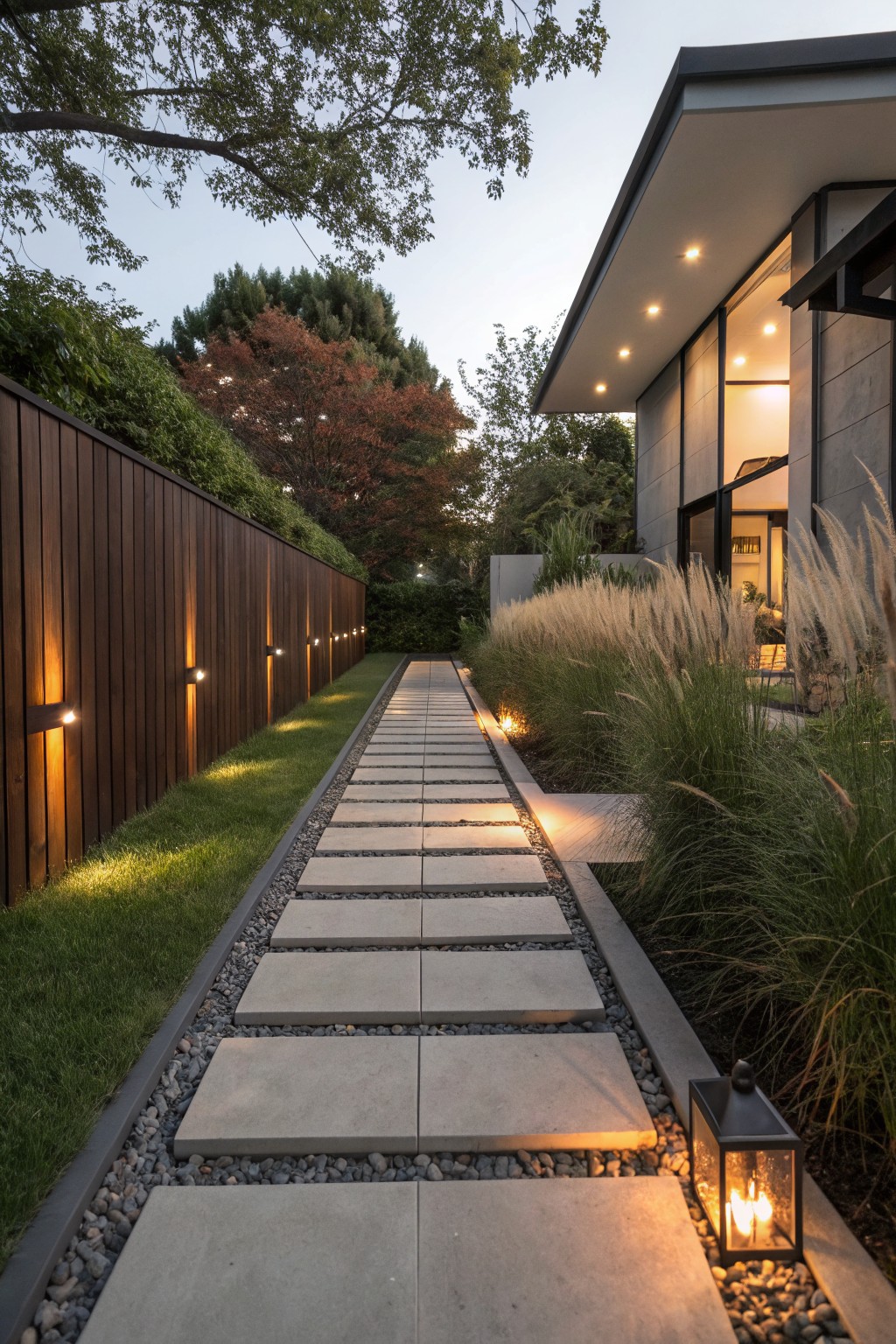 A long stone path bordered by gravel runs beside a wooden fence with low mounted lights, leading toward a modern house with tall grasses on the right side.