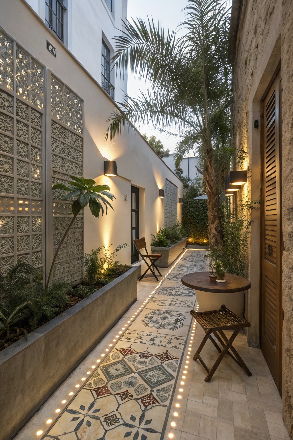 A narrow outdoor garden path lined with patterned tiles and small lights embedded along both edges, with planters and seating nearby.
