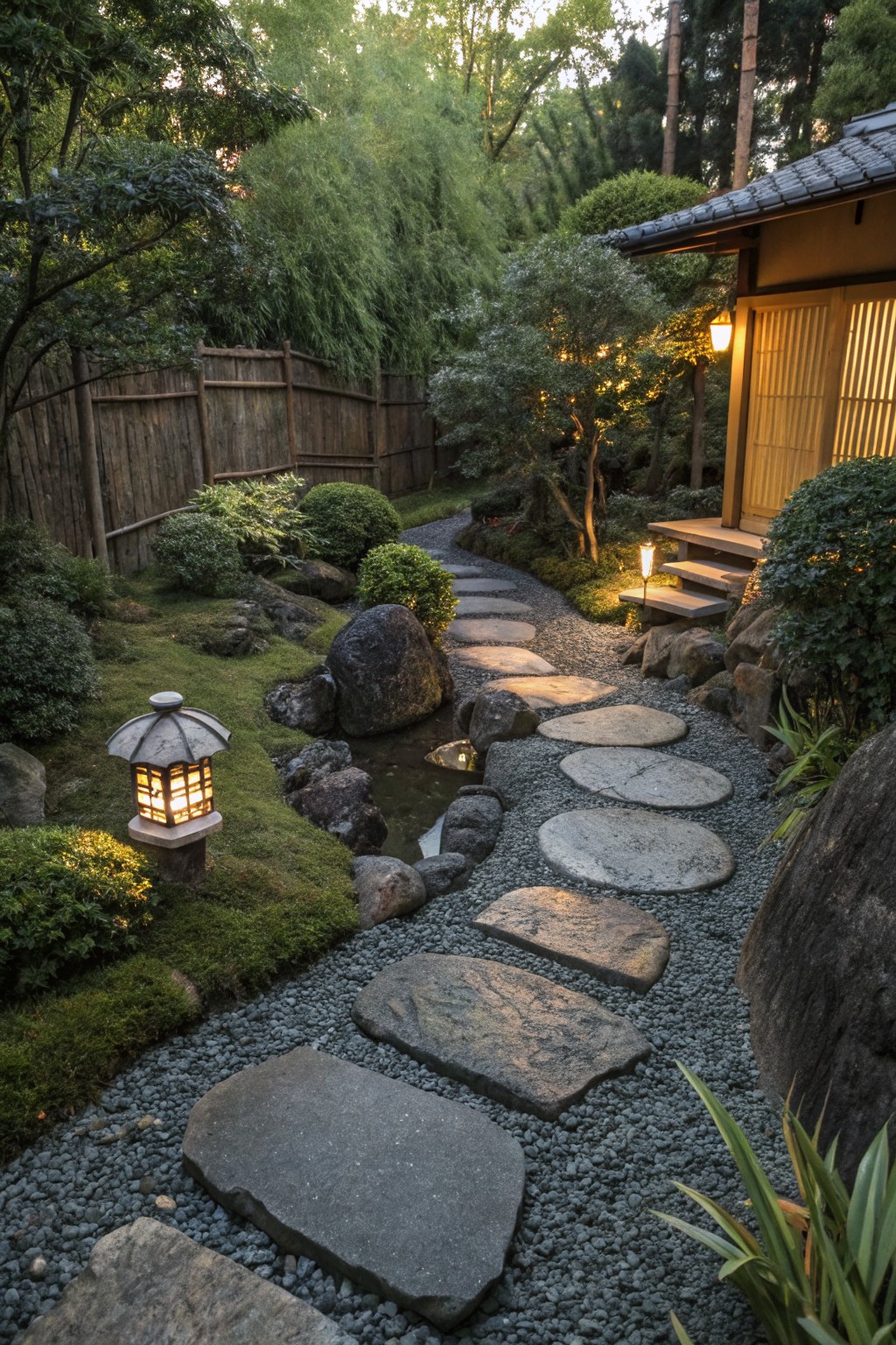 Serene Japanese garden with lit lanterns, stepping stone path, and wooden house