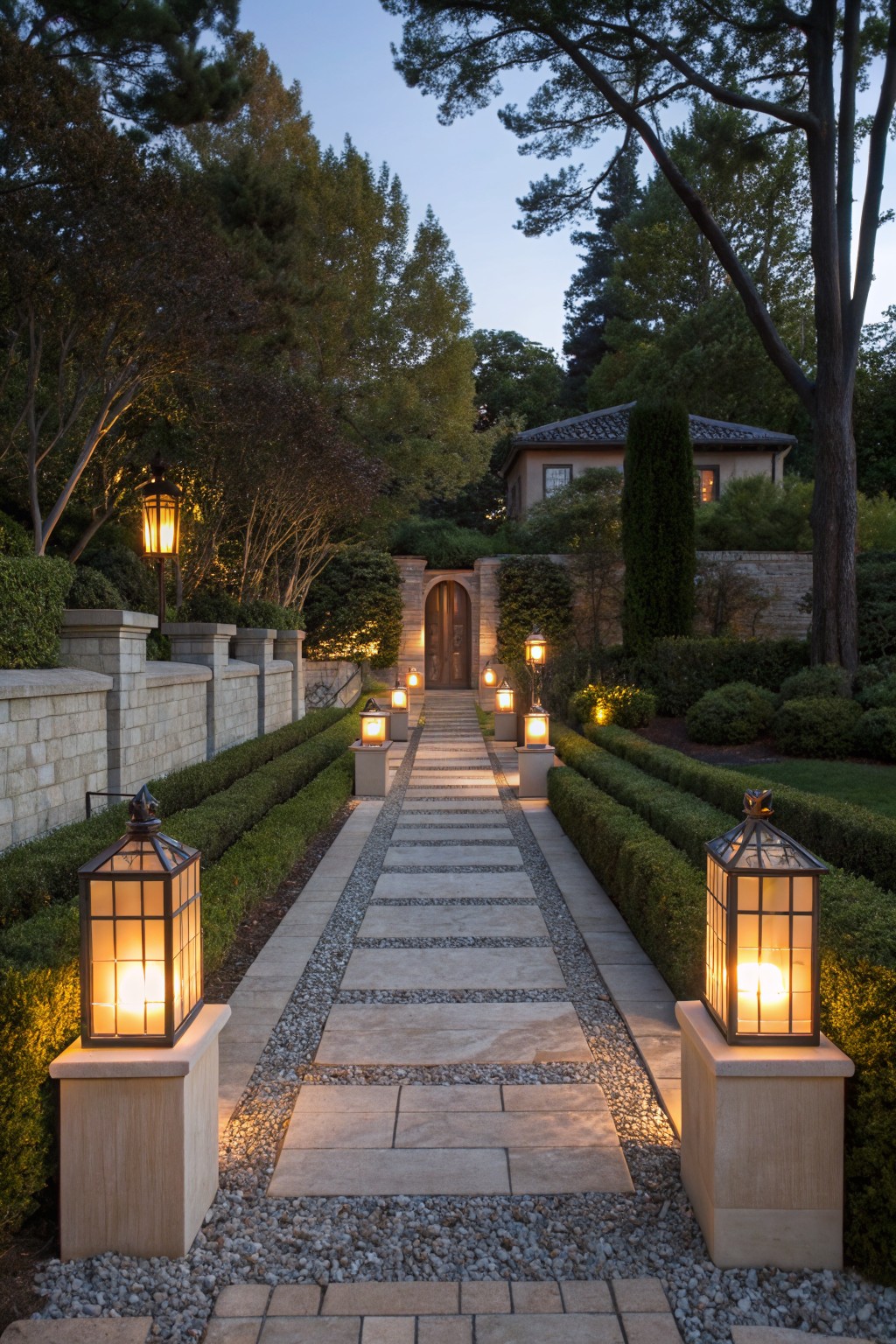 A stone pathway lined with glowing lanterns on short pillars leads through manicured hedges toward a house at dusk.