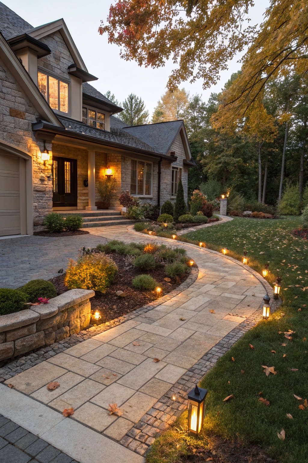A stone pathway lined with low glowing lanterns curves past a stone house and landscaped beds at dusk.