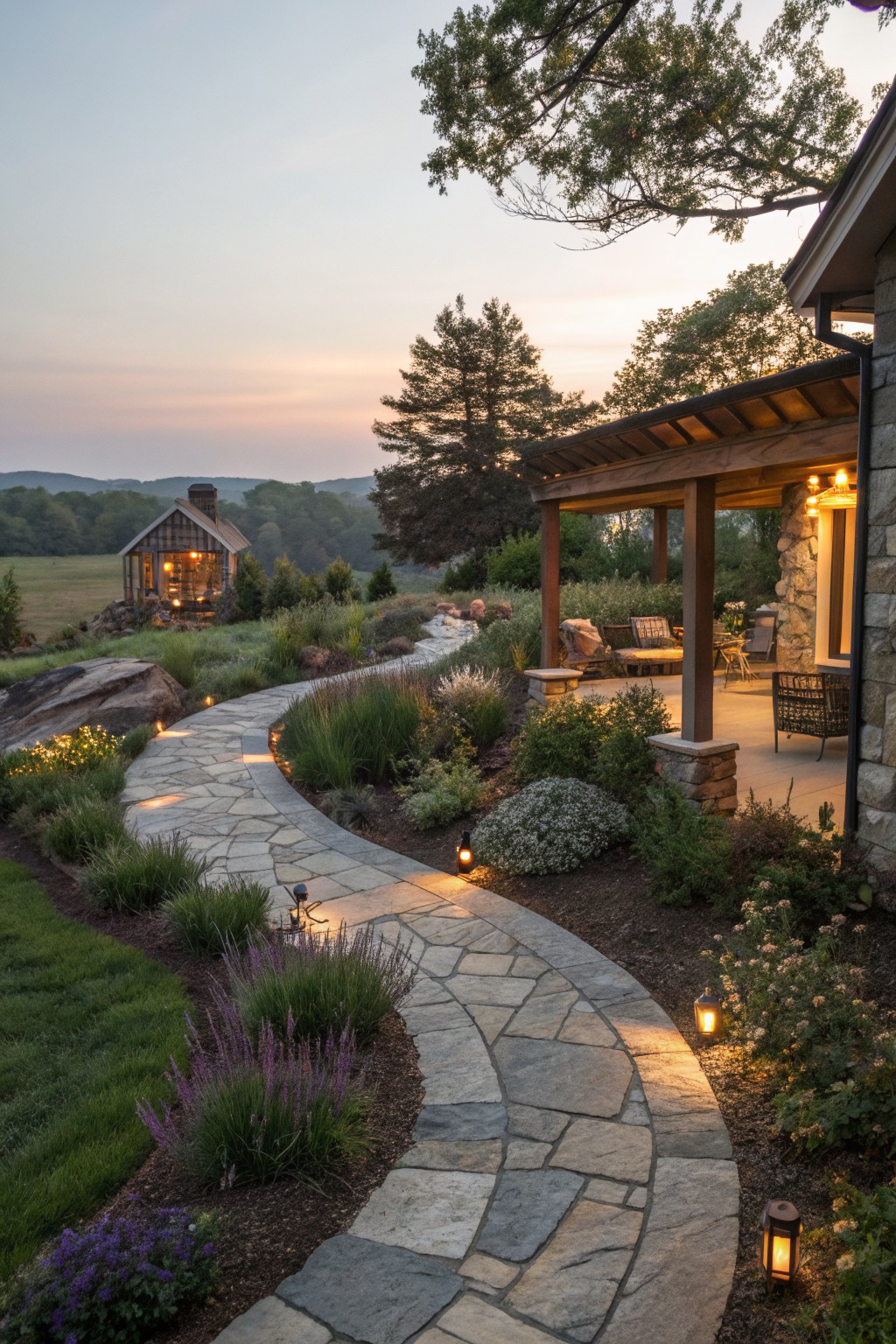 A curving stone path with small glowing lanterns along the edges winds through garden beds toward a house with a covered patio at dusk.