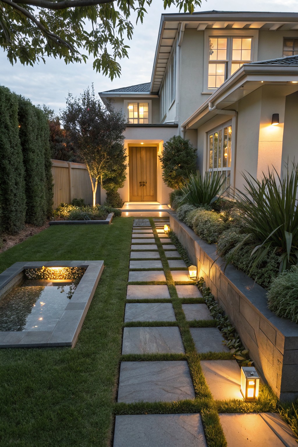 Illuminated stone path leads to wooden door beside glowing water feature at dusk