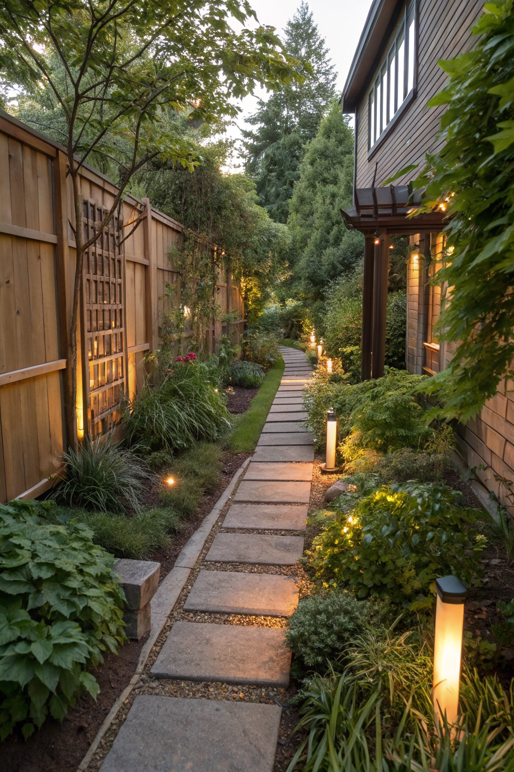 Lit stone pathway through lush garden between wooden fence and house at dusk