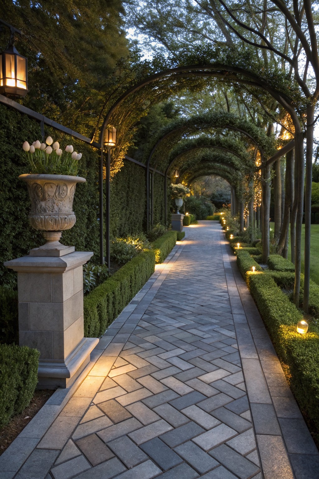 Illuminated brick walkway under vine-covered arches with stone urn and lanterns