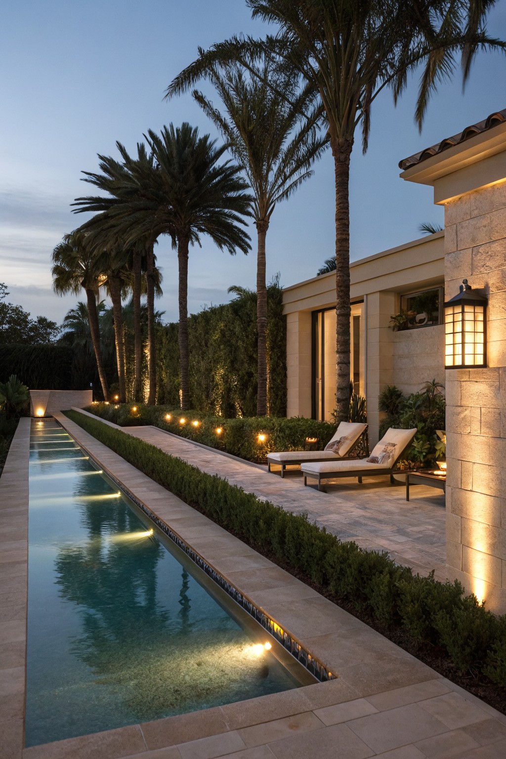 A long rectangular pool with submerged lights runs parallel to a paved walkway lined with low path lights, next to lounge chairs and palm trees at dusk.