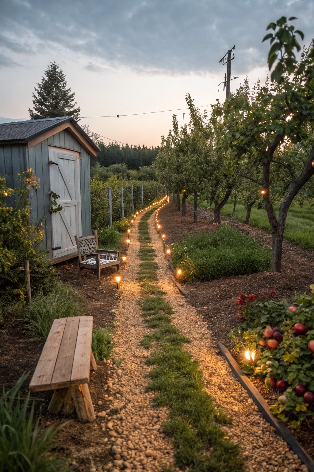 A gravel path lined with low glowing lights curves through a garden with trees, a shed, and benches at dusk.