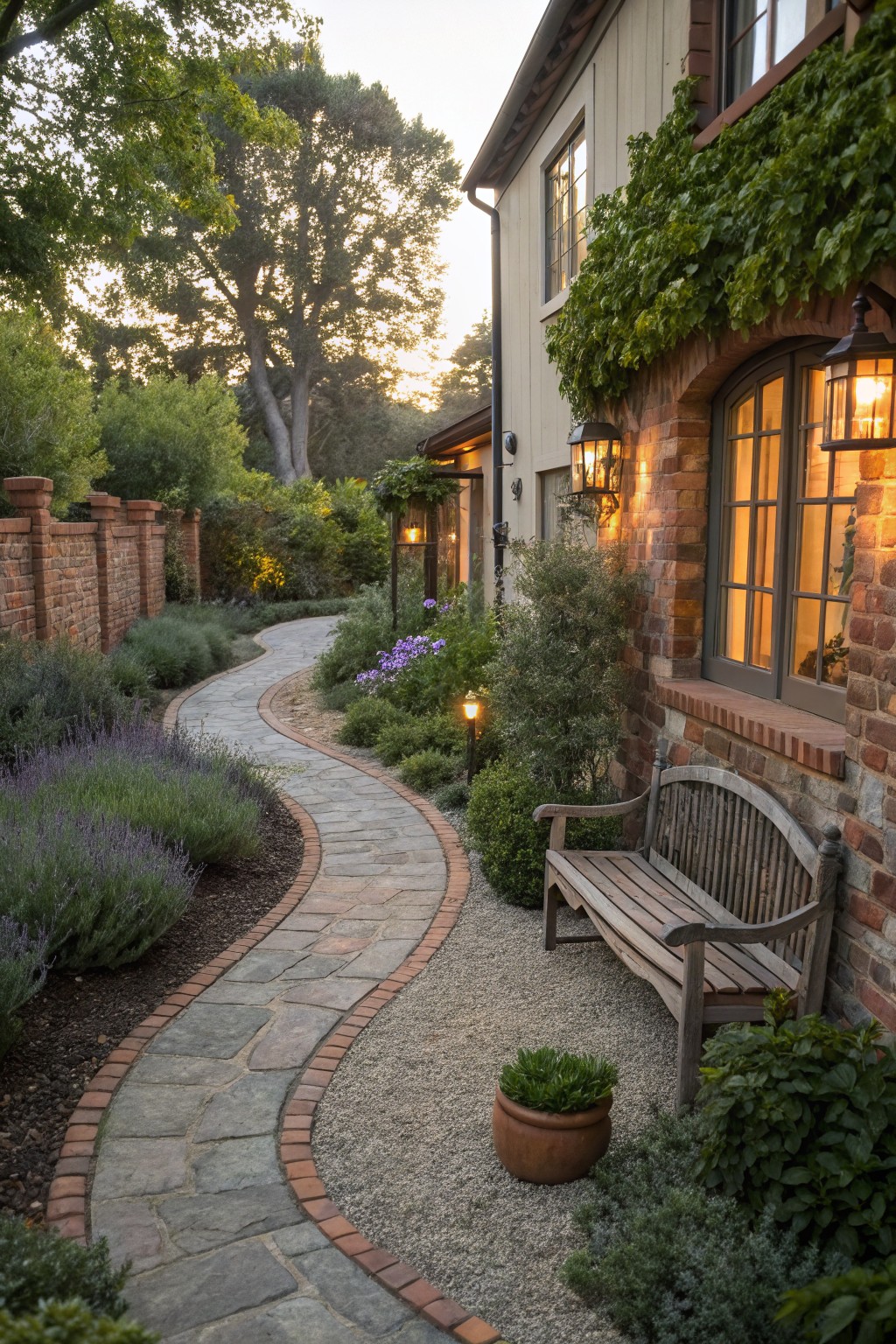 Stone path curves past wooden bench by brick house with glowing lanterns