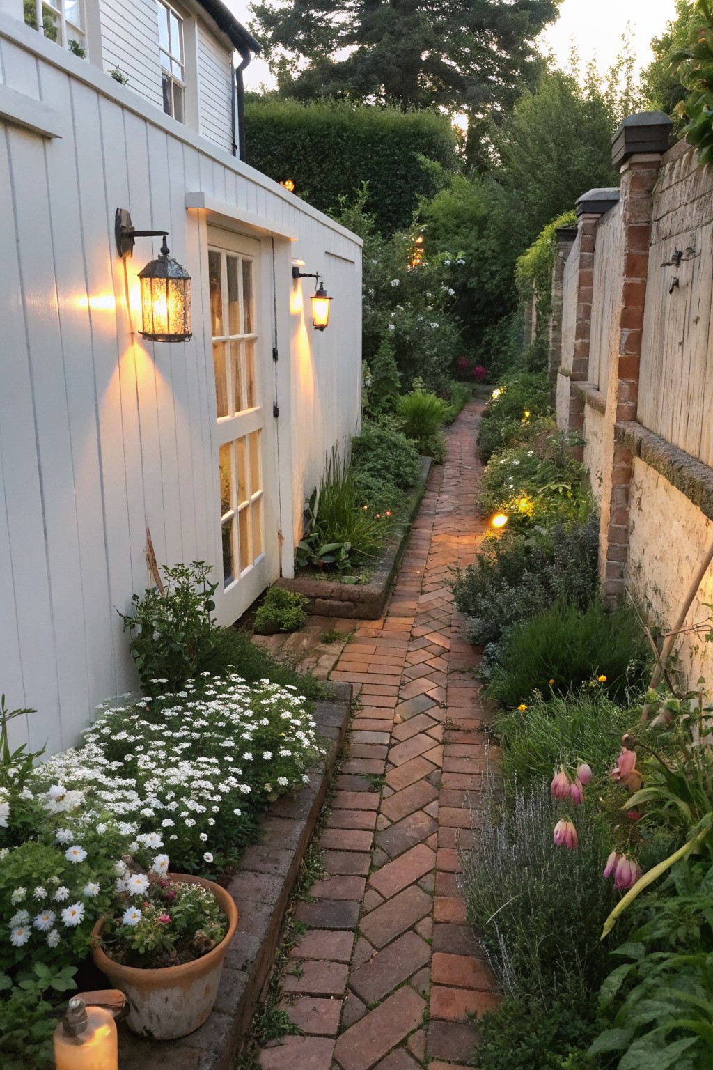 A narrow brick garden path runs between a white house wall on the left and a brick fence on the right, lined with low path lights and bordered by flower beds.