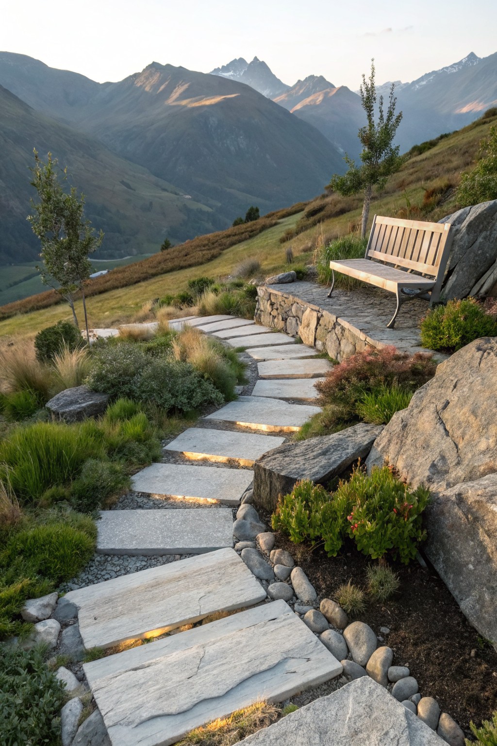 Illuminated stone steps ascend past a wooden bench on a mountain hillside.