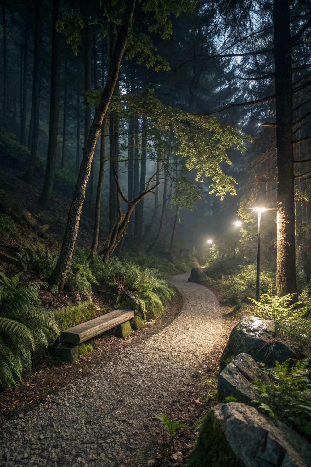 Wooden bench along a lit gravel path in a foggy forest at night
