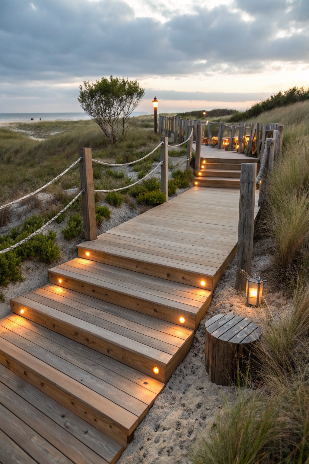 A wooden boardwalk path with steps through sand dunes, lit by small recessed lights embedded in the steps.