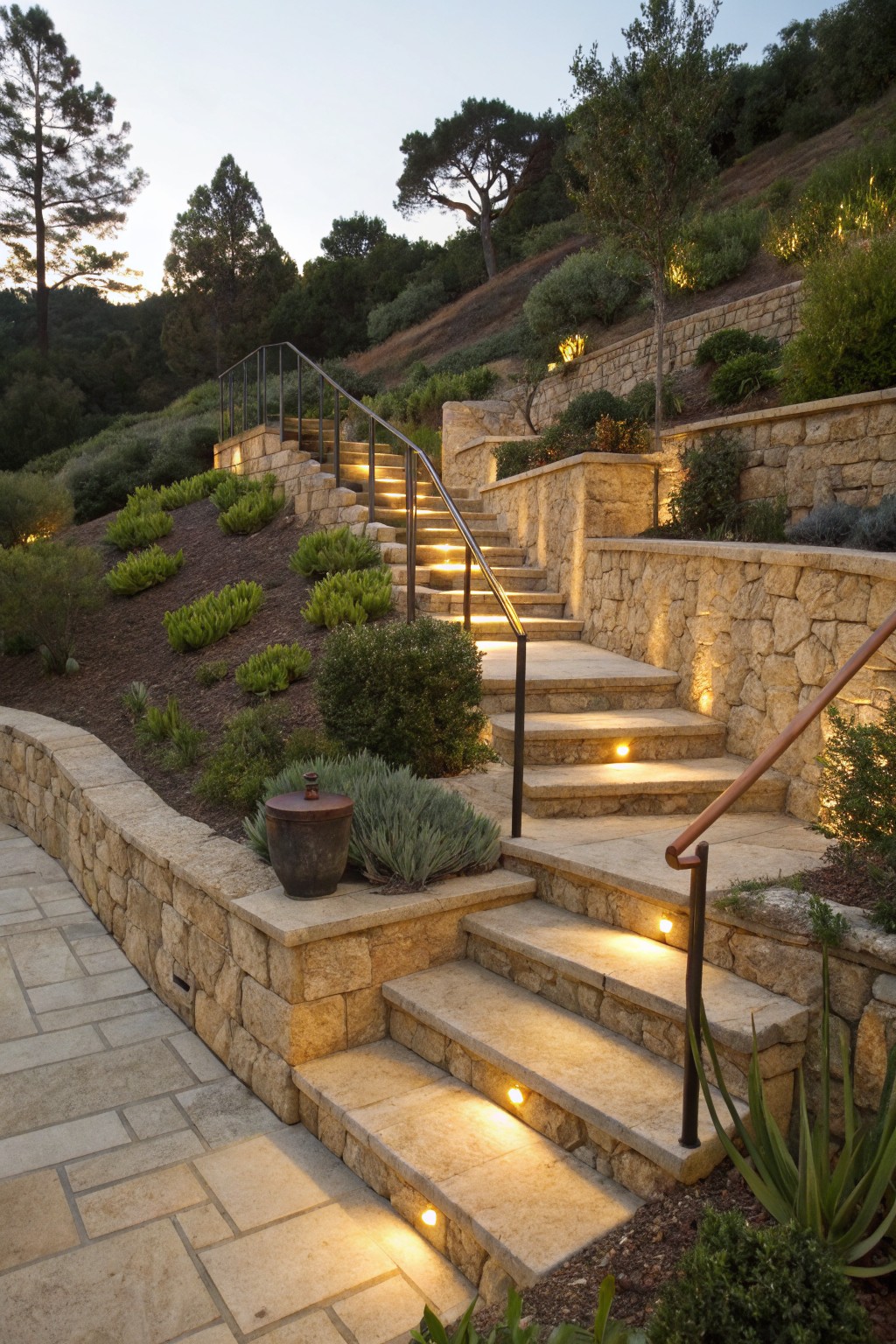 Stone steps with recessed lights climb a terraced hillside garden bordered by retaining walls and shrubs.