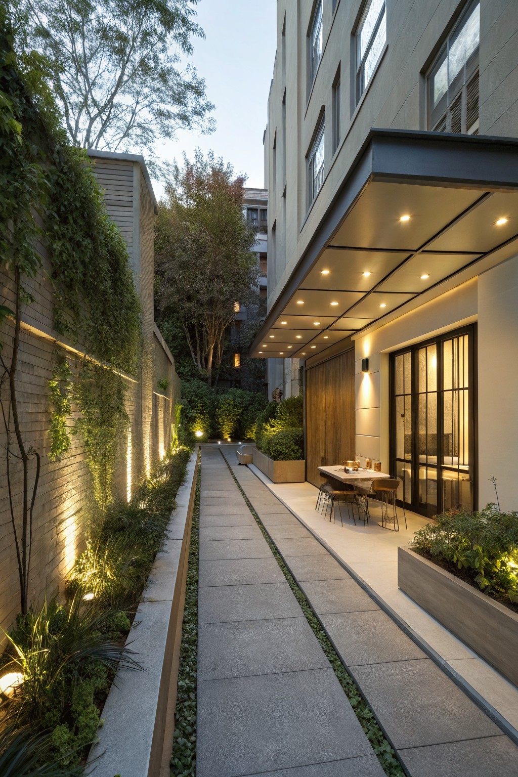 A narrow paved garden path runs between a brick wall with vertical light strips on the left and a modern building with an outdoor dining area on the right.