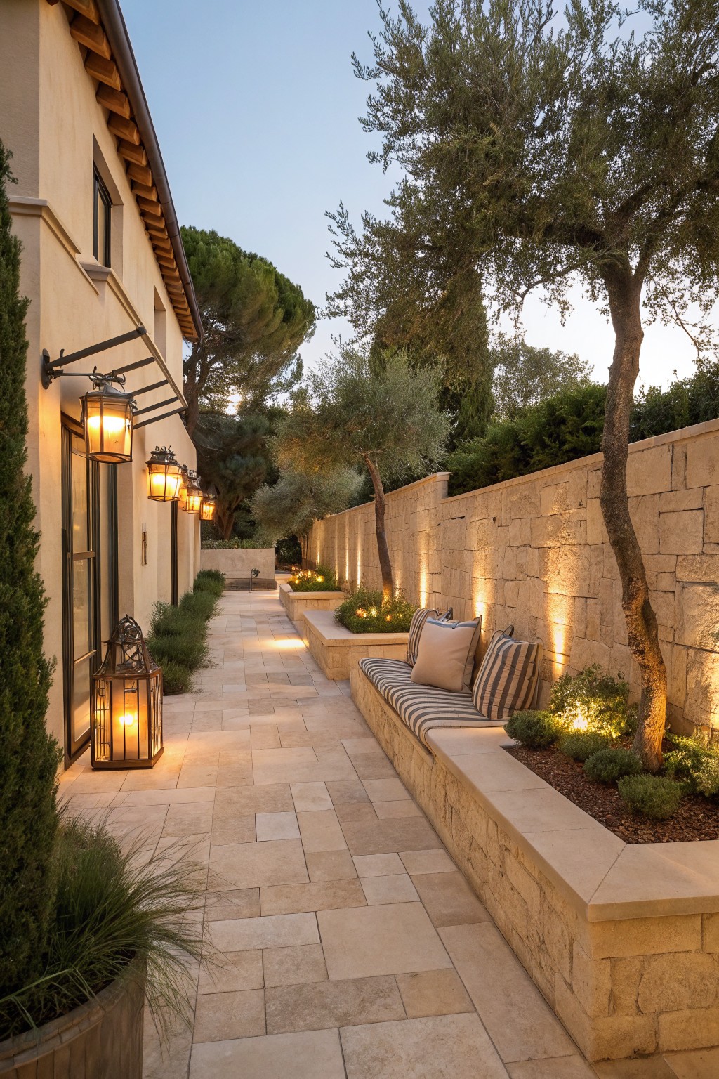 A long stone-paved garden path runs beside a built-in stone bench and wall with multiple wall-mounted lanterns and low plantings.