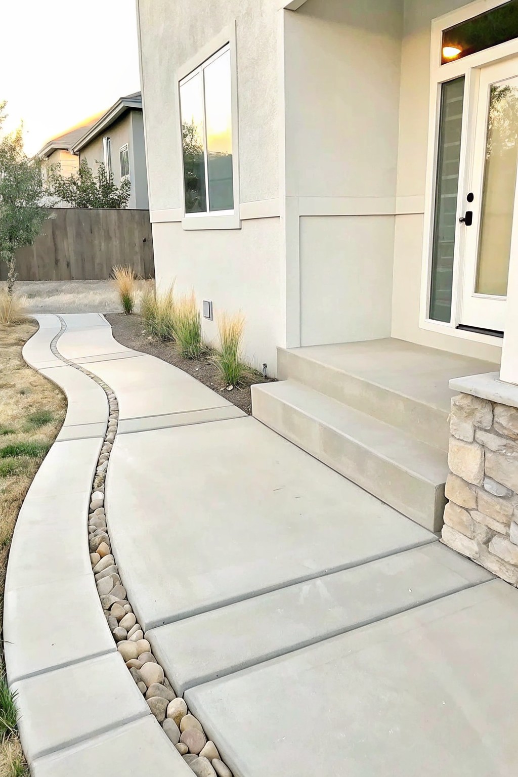 Curved concrete walkway with pebble borders leads to house steps and white door.