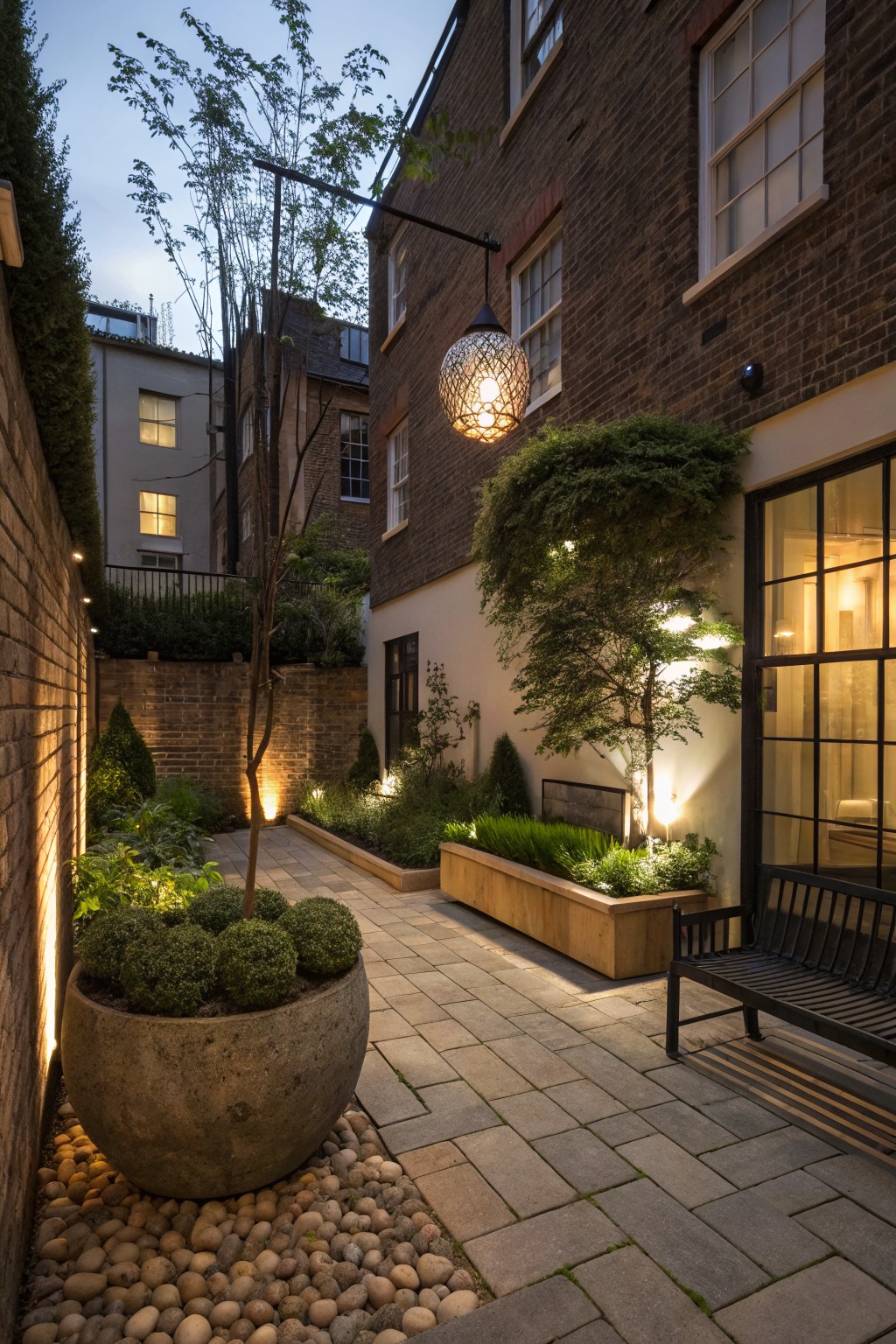 A paved courtyard garden at dusk with brick walls, wooden planters, a hanging woven lantern, ground lights washing up on plants, and a large concrete pot on pebbles.