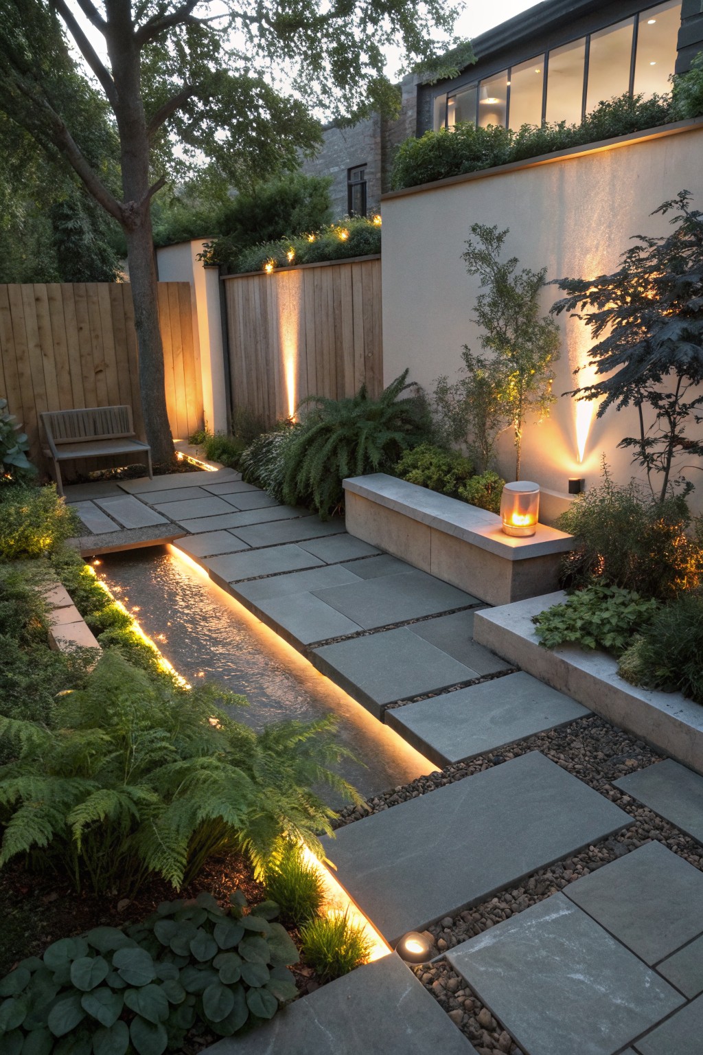 A stone-paved garden path bordered by ferns and low plants, with small lights glowing along the edges beside a concrete bench and modern house wall.