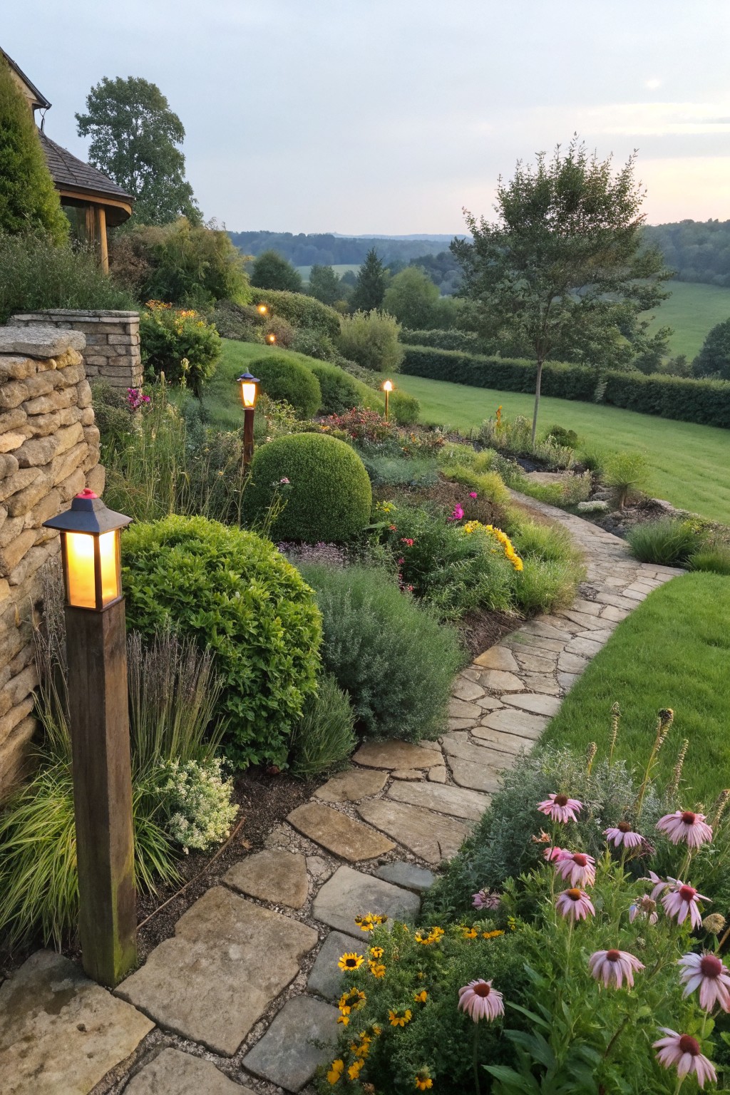 A curving stone garden path lined with low wooden post lights, flowering plants, and shrubs at dusk.
