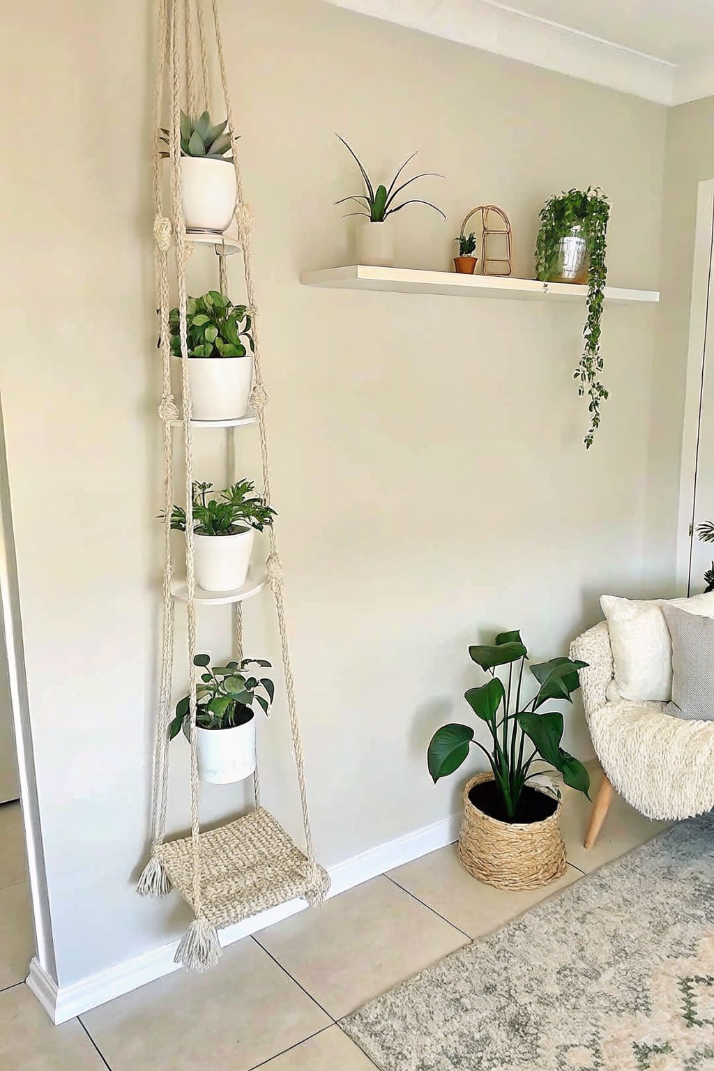 A tall macrame hanging planter with multiple white pots and houseplants stands against a light wall in an indoor room.