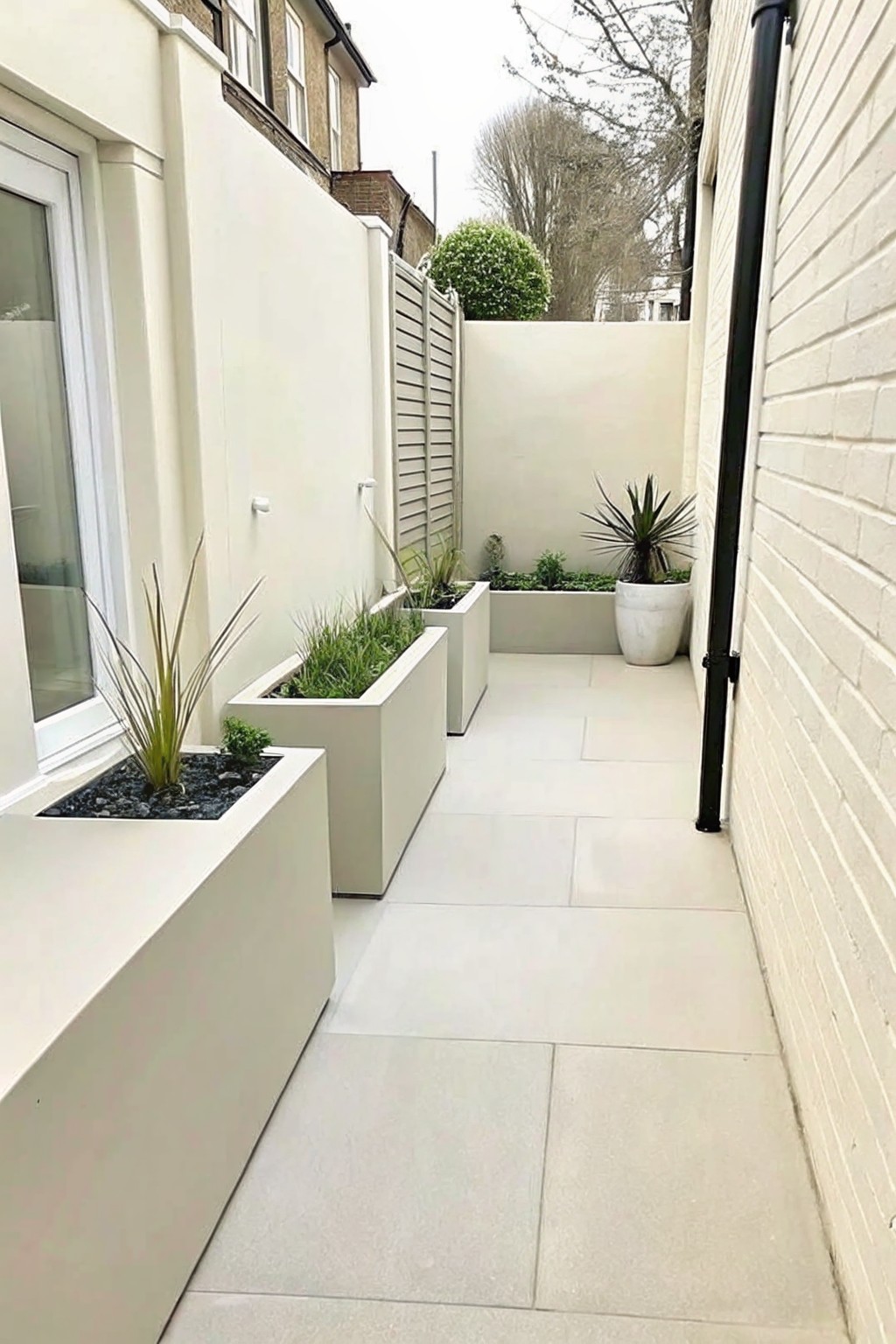 A narrow paved walkway between white walls lined with several long rectangular white planters holding grasses and small plants.