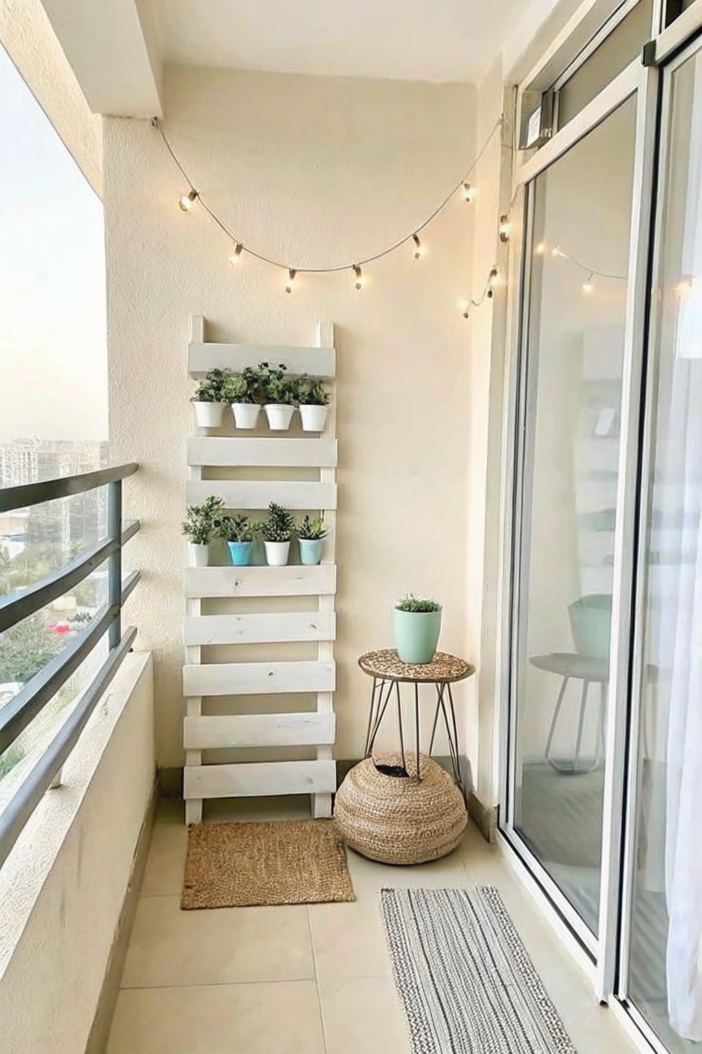 Cozy balcony with white wooden plant ladder, string lights, pouf, and rugs
