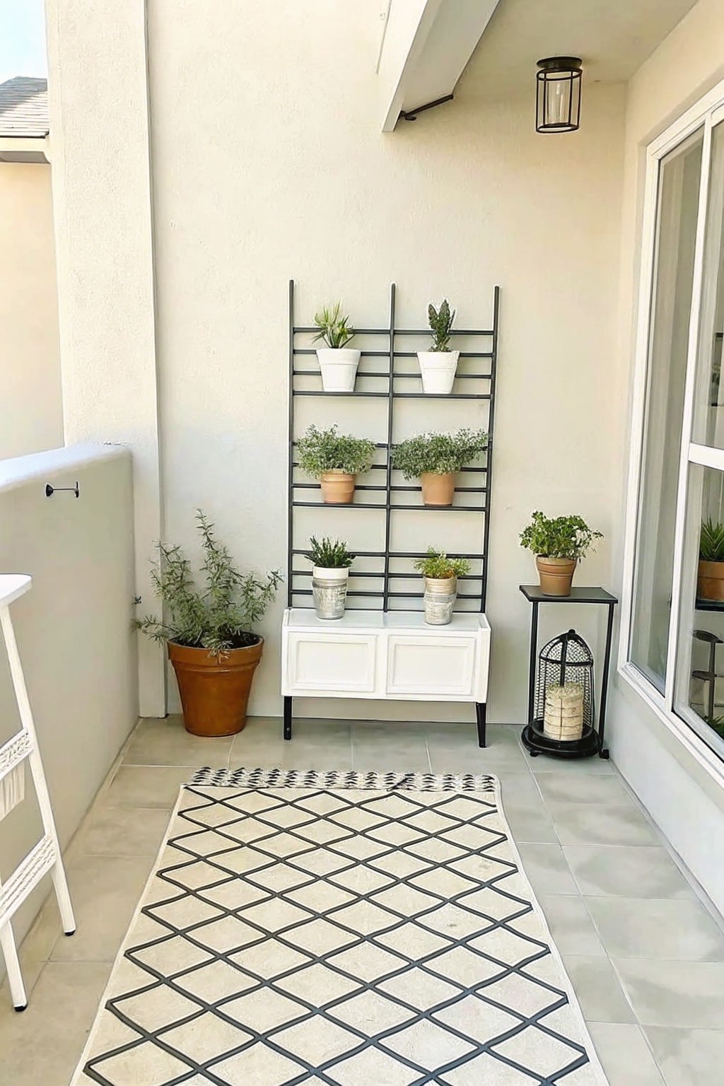 Outdoor patio with black plant shelf, white cabinet, geometric rug, and potted plants.