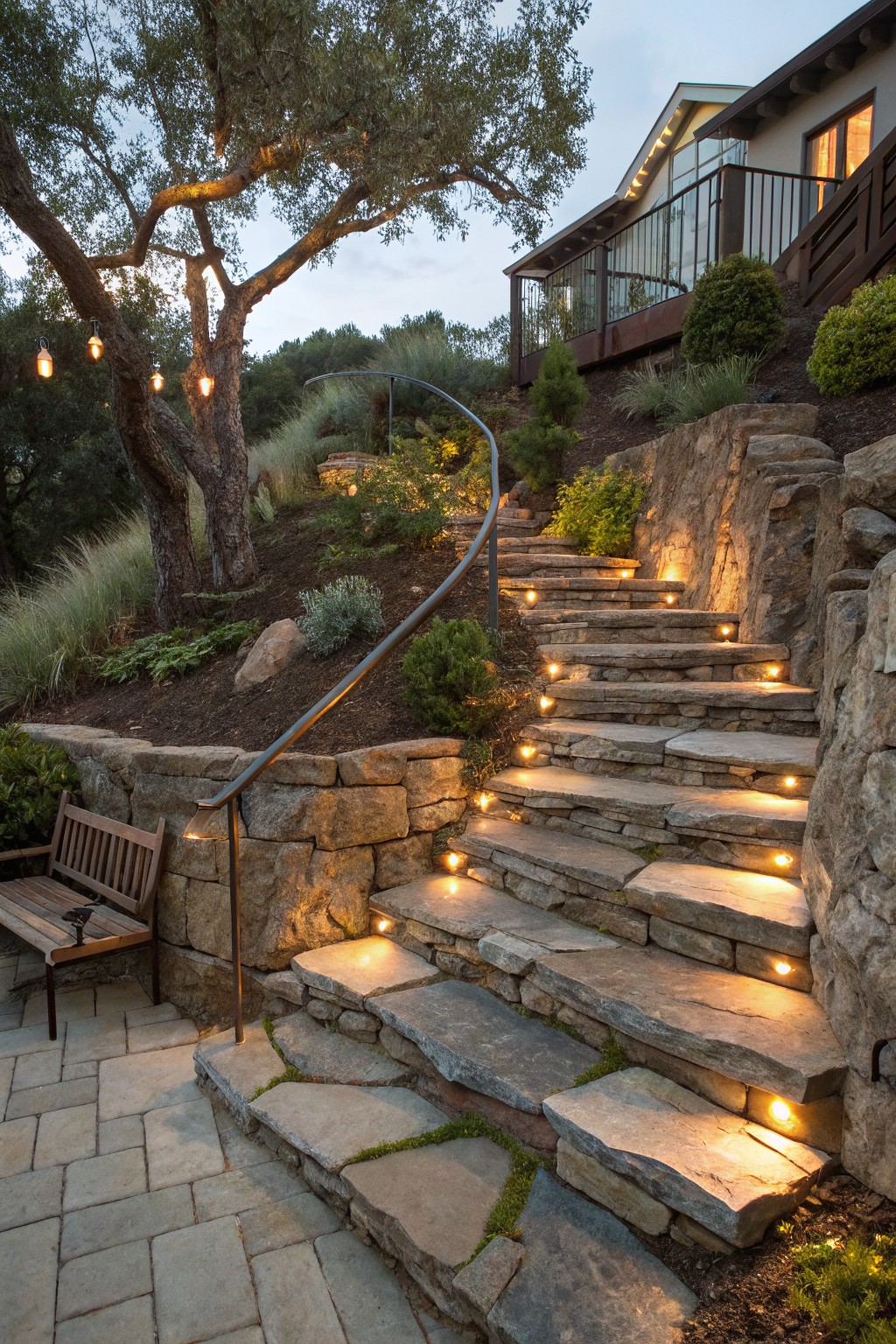 Illuminated stone steps curve uphill past a wooden bench and lit tree at dusk.