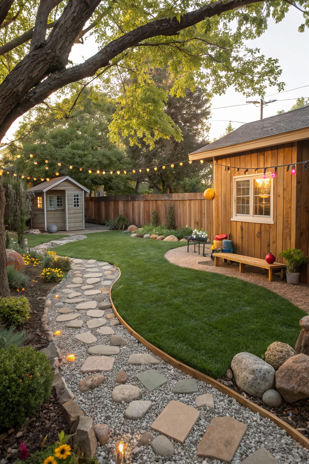 A backyard garden scene with a winding stone path lined by small glowing solar lights, a green lawn, wooden shed and house, string lights, and rocks along the edges.