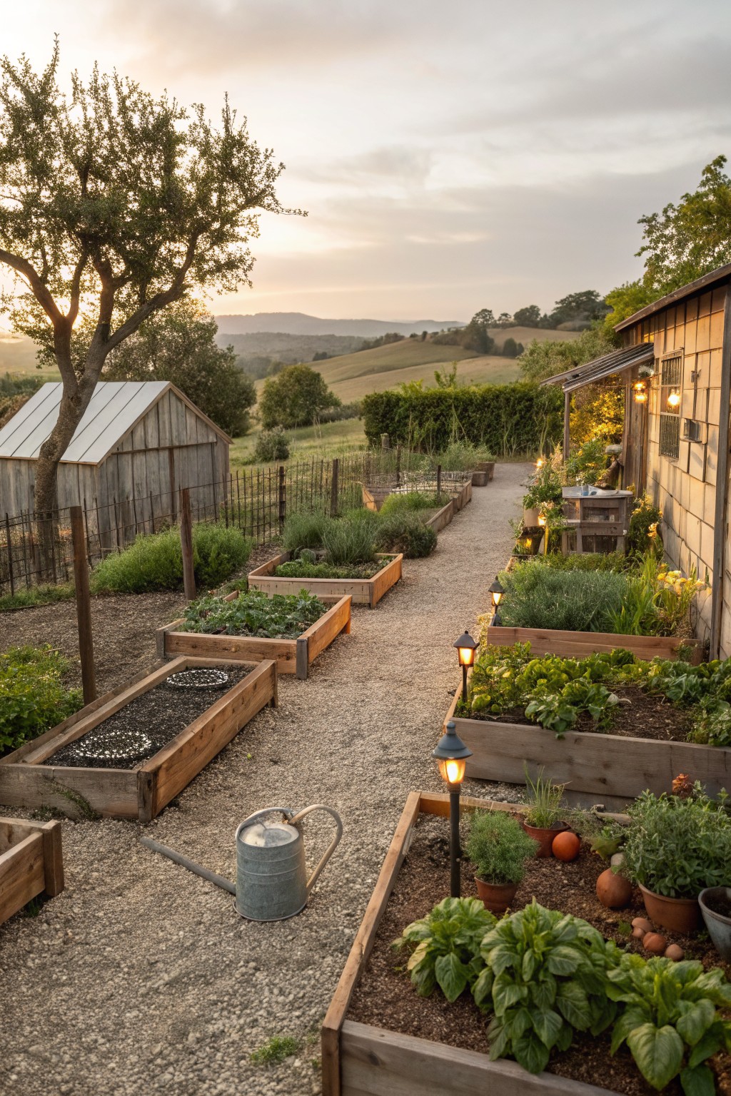 A gravel garden path lined with wooden raised beds and solar stake lights at dusk, with a shed and rolling hills in the background.