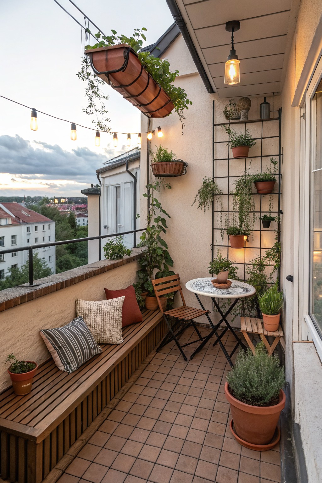 Cozy balcony with wooden bench, potted plants, round table, string lights, and city view.