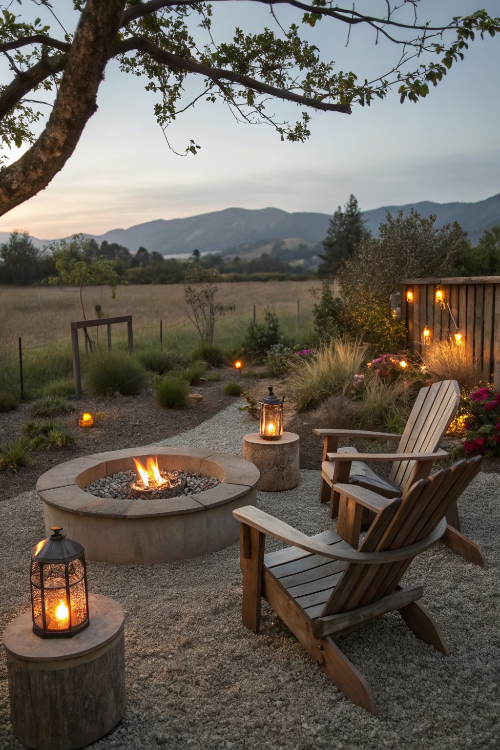Lit fire pit with wooden Adirondack chairs and lanterns overlooking mountains at dusk