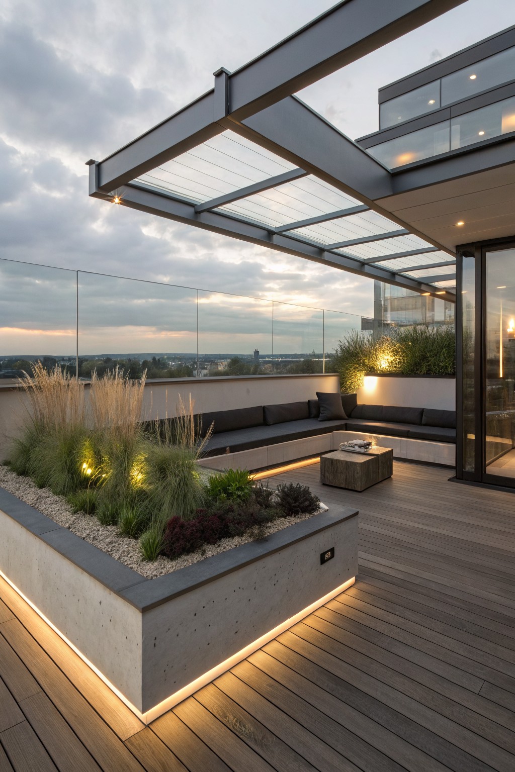 A rooftop terrace with a concrete planter filled with ornamental grasses and built-in lighting beside an L-shaped outdoor sofa under a glass canopy.