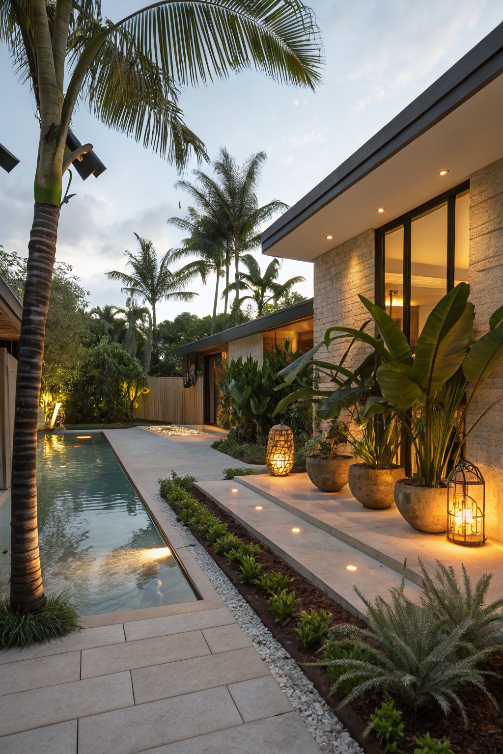 Modern home exterior at dusk showing a long pool, stone pathway with embedded lights, large potted plants holding lit lanterns, and palm trees along the side of the house.