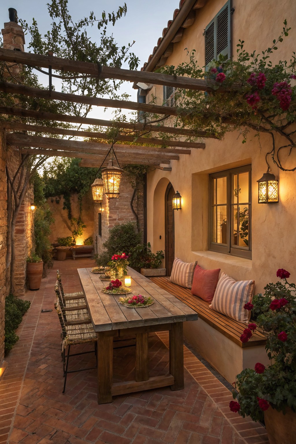 Rustic wooden table with flowers under a pergola with glowing lanterns on a brick patio
