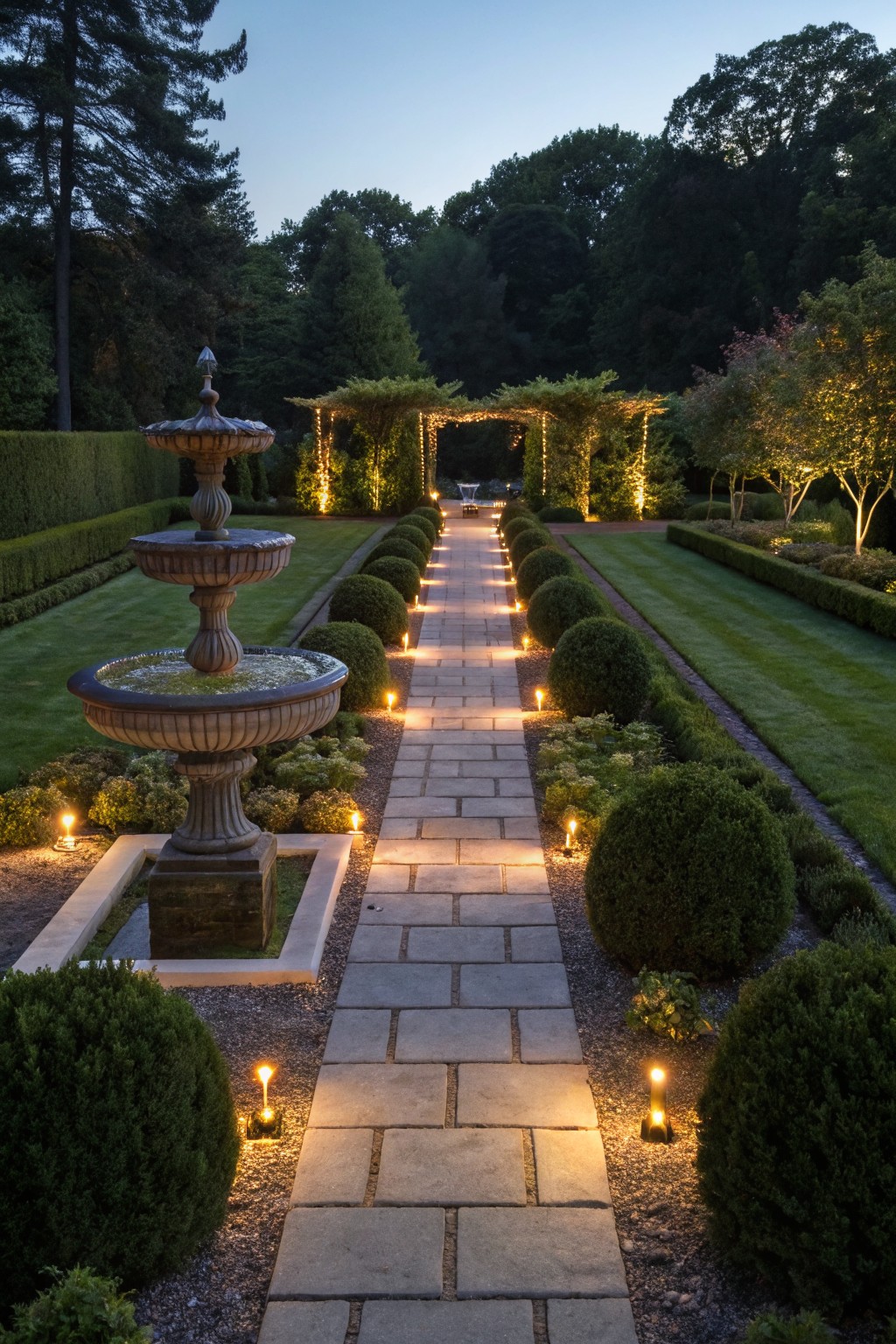 A long stone garden path bordered by low glowing lights runs past a tiered stone fountain on the left and through a lit pergola in the distance.