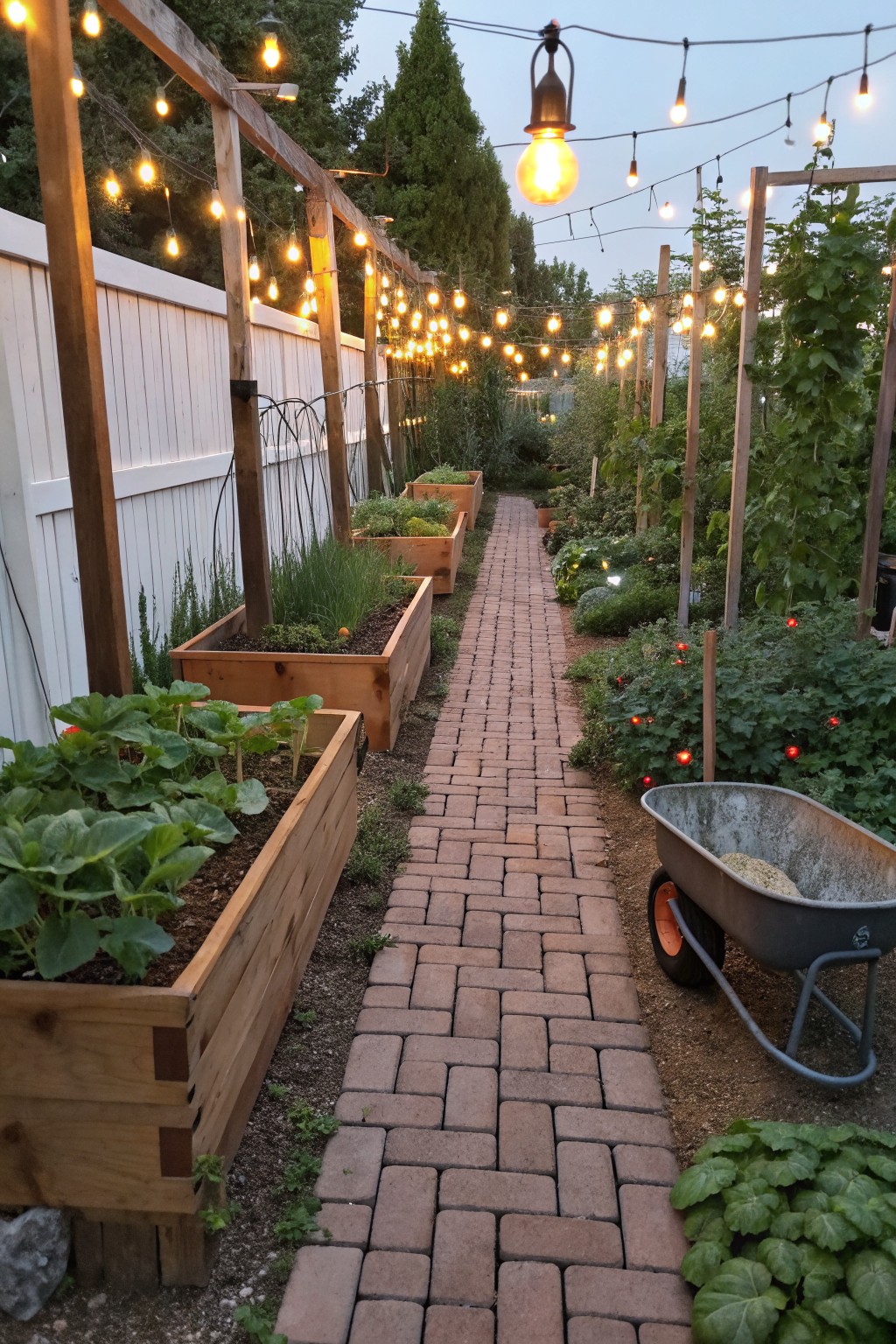 Twilight garden with brick path, wooden planters, string lights, and wheelbarrow.