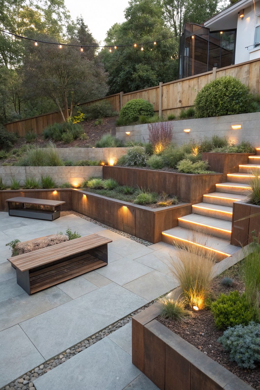A multi-level backyard patio with stone pavers, wooden benches, and raised corten steel planters containing grasses and shrubs, with warm LED lights integrated into the planters and along the edges of concrete steps.