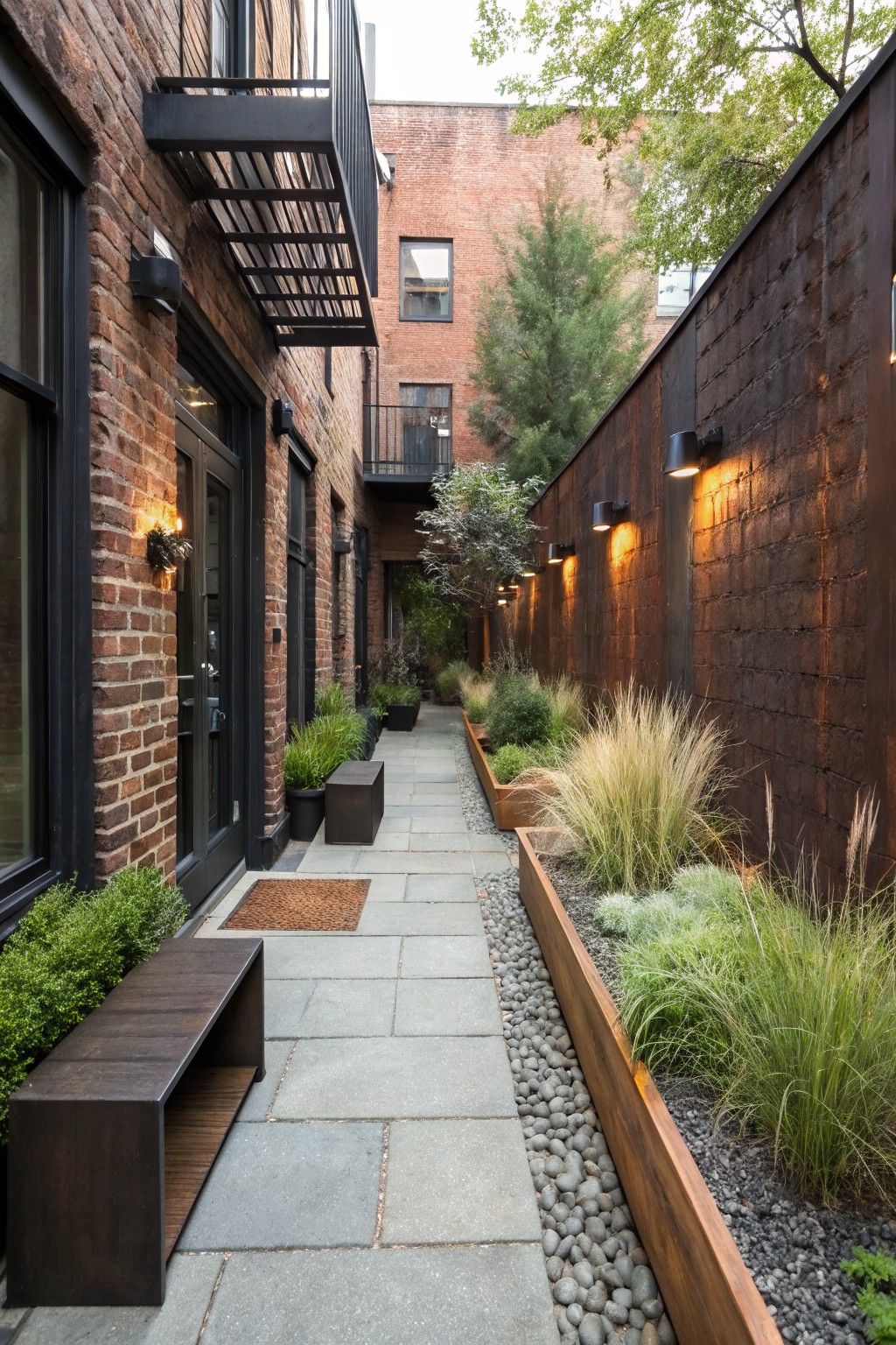 Narrow stone pathway between brick building and rusted metal wall with bench and planters