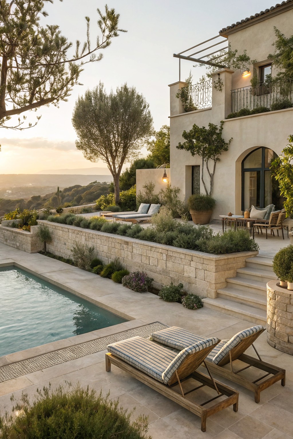A stone patio with a pool, wooden lounge chairs, integrated planters along a retaining wall, and wall-mounted lights near the house.