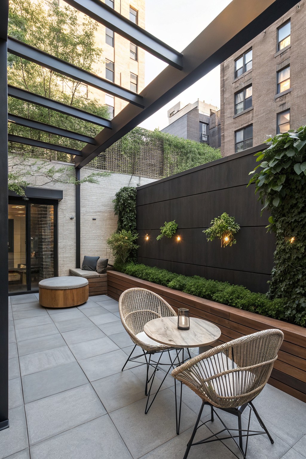 Modern urban patio with woven chairs, marble table, and wooden bench seating.