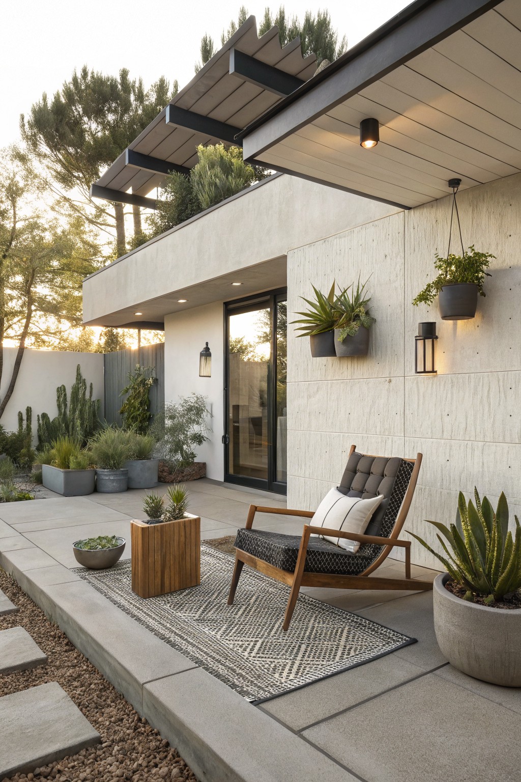Modern concrete patio with wooden lounge chair, patterned rug, and potted succulents.
