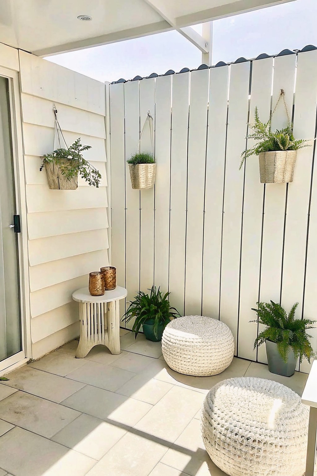An outdoor patio corner with white vertical fencing, multiple hanging woven planters holding ferns and greenery, two woven poufs on the tiled floor, and a small side table with candle holders.