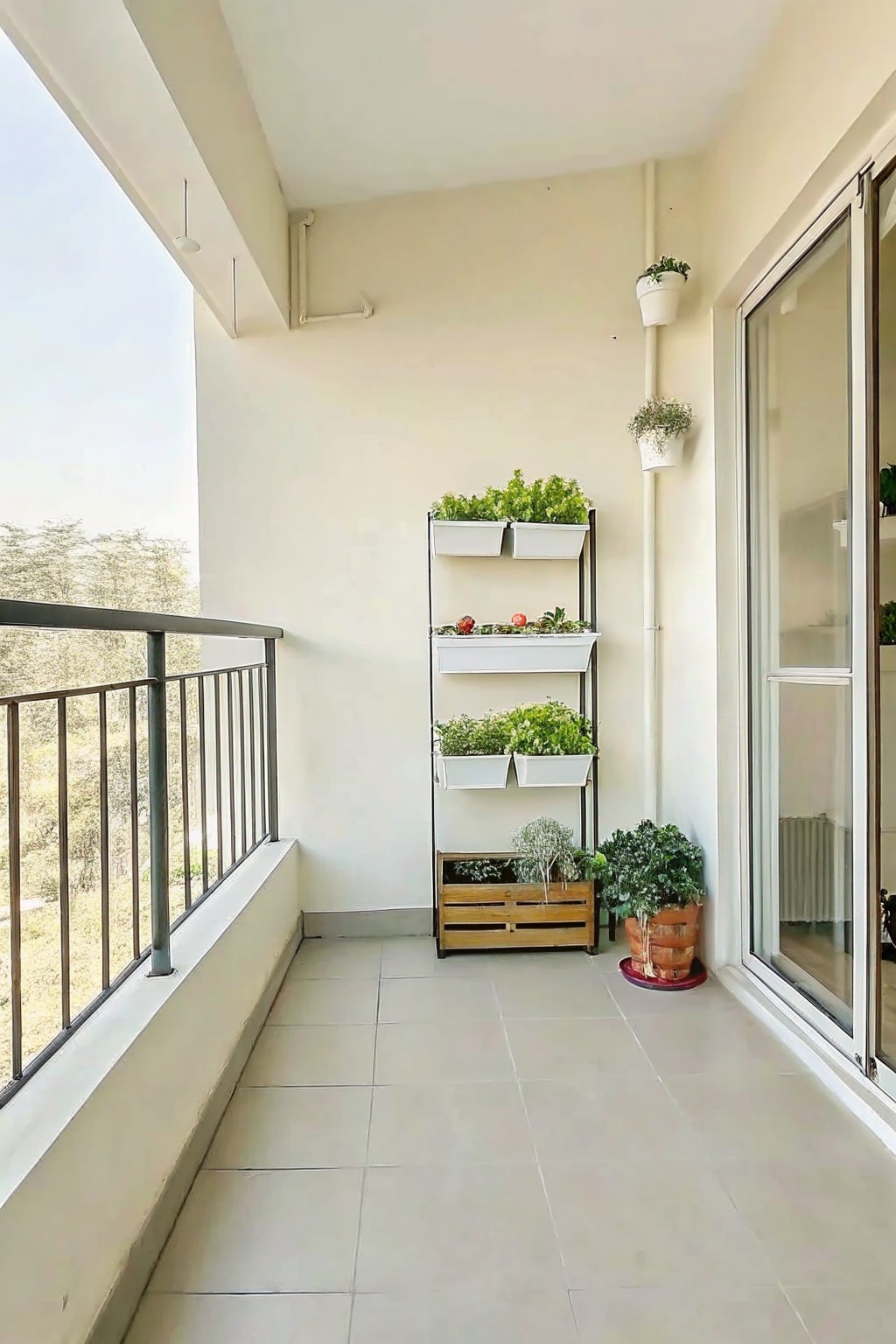 A balcony with a tall multi-tiered plant stand holding white rectangular planters filled with green plants and herbs, next to a glass sliding door.