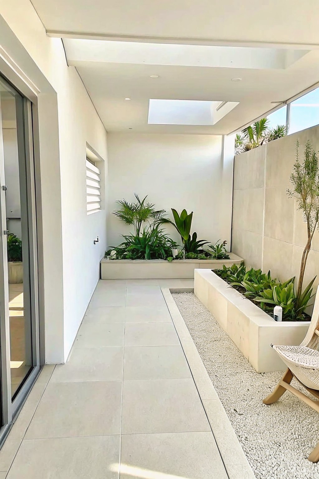Modern minimalist courtyard with white walls, skylight, tiled floor, planters, and woven chair.