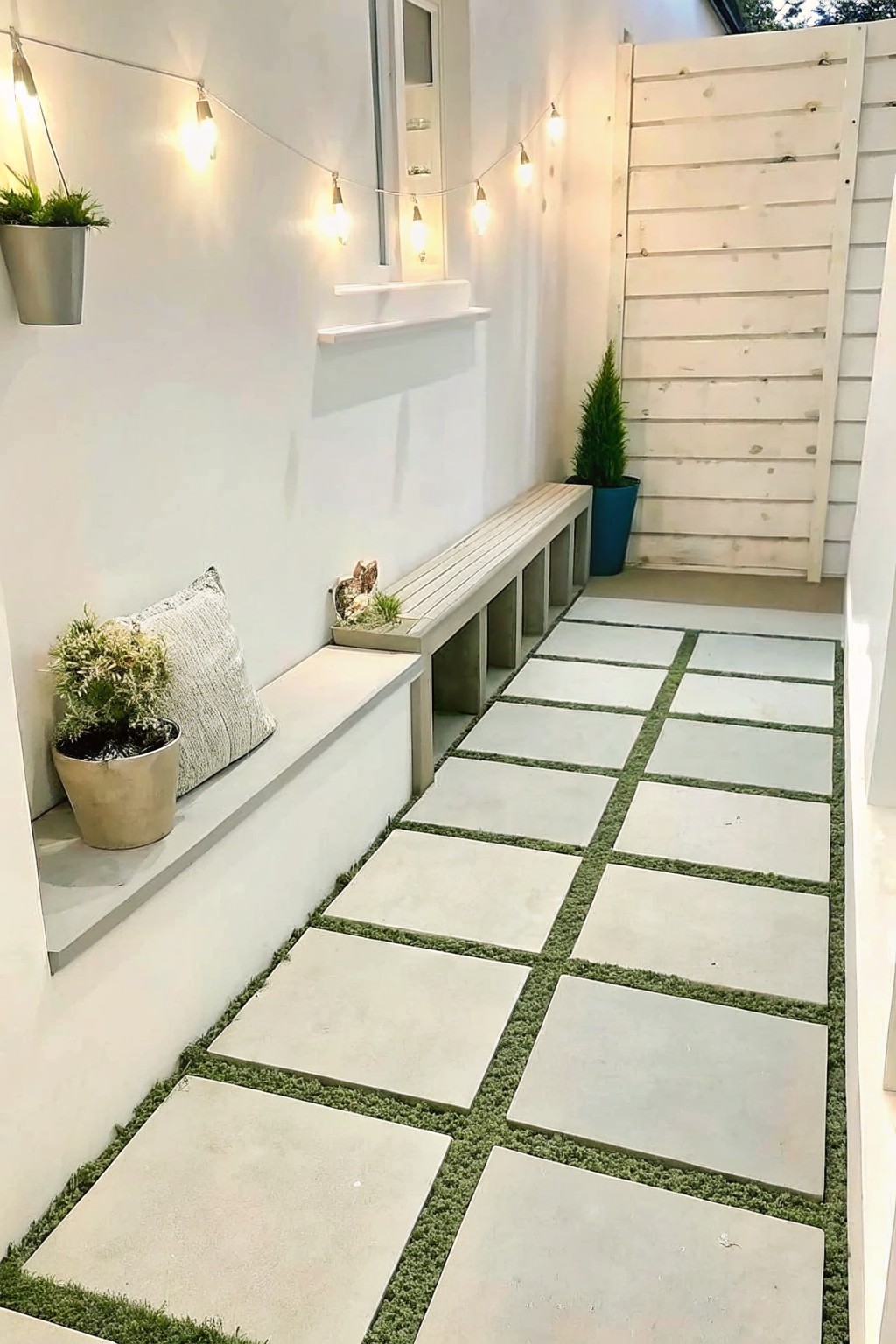Modern patio walkway with concrete pavers, built-in benches, string lights, and potted plants